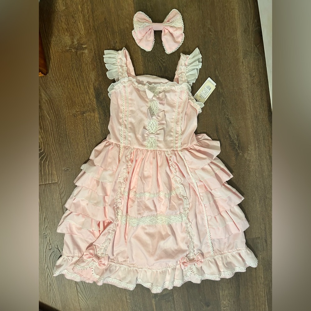 NWT Lolita Pink Ruffle Bow Lace Dress with Bows size Large